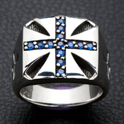 Blue Sapphire Cross Sterling Silver Biker Ring